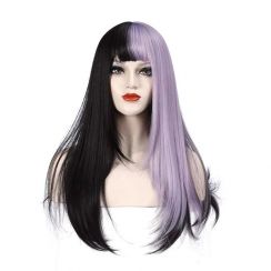 2Pcs Womens Long Prom Party Black and Smokey Purple Wig