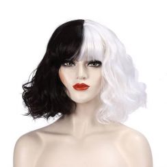 2Pcs Womens Halloween Party Short Hair Black and White with Wave Curls Wig